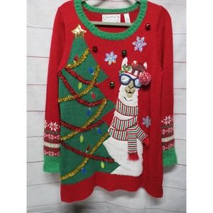 Merry & Bright Women's Size L Large Ugly Christmas Sweater Llama Tinsel Bells